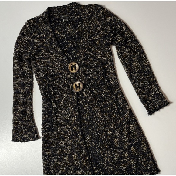 BCBGMaxAzria Sweaters - BCBG Maxazria Long Knit Cardigan Size M Black Brown Button y2k Fairycore Duster